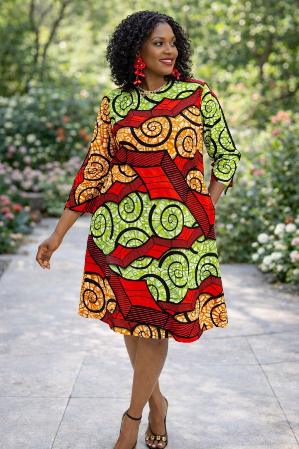 Print Short Dress , colorful Red and Green