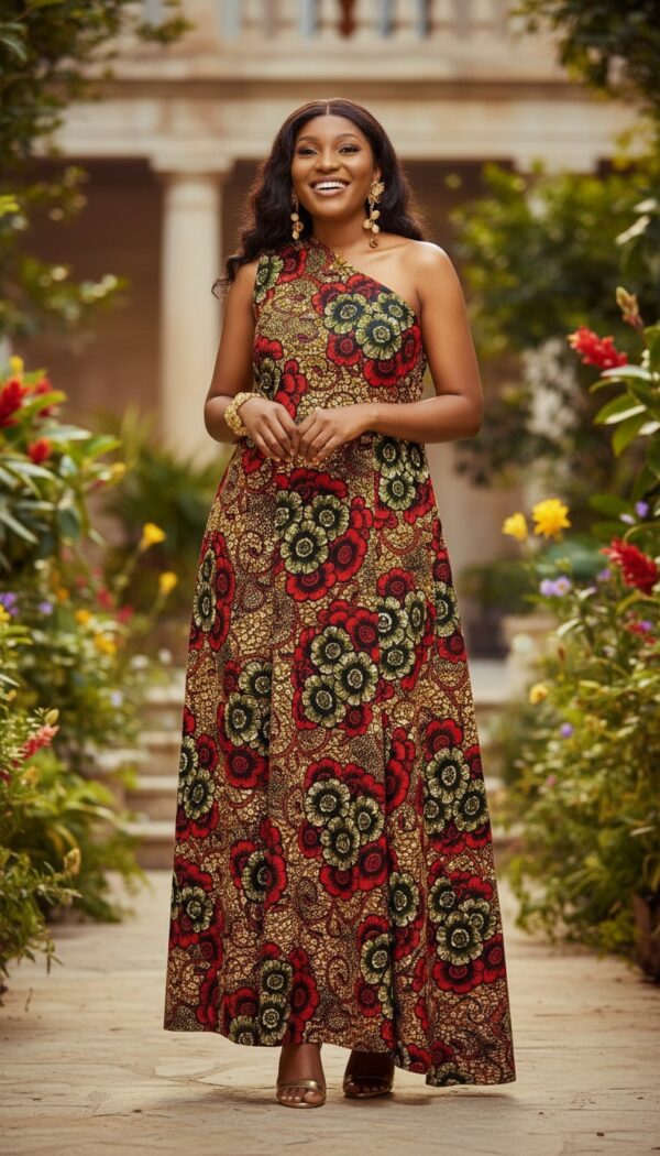 100% Cotton Print Long Red Dress, One shoulder, not lined